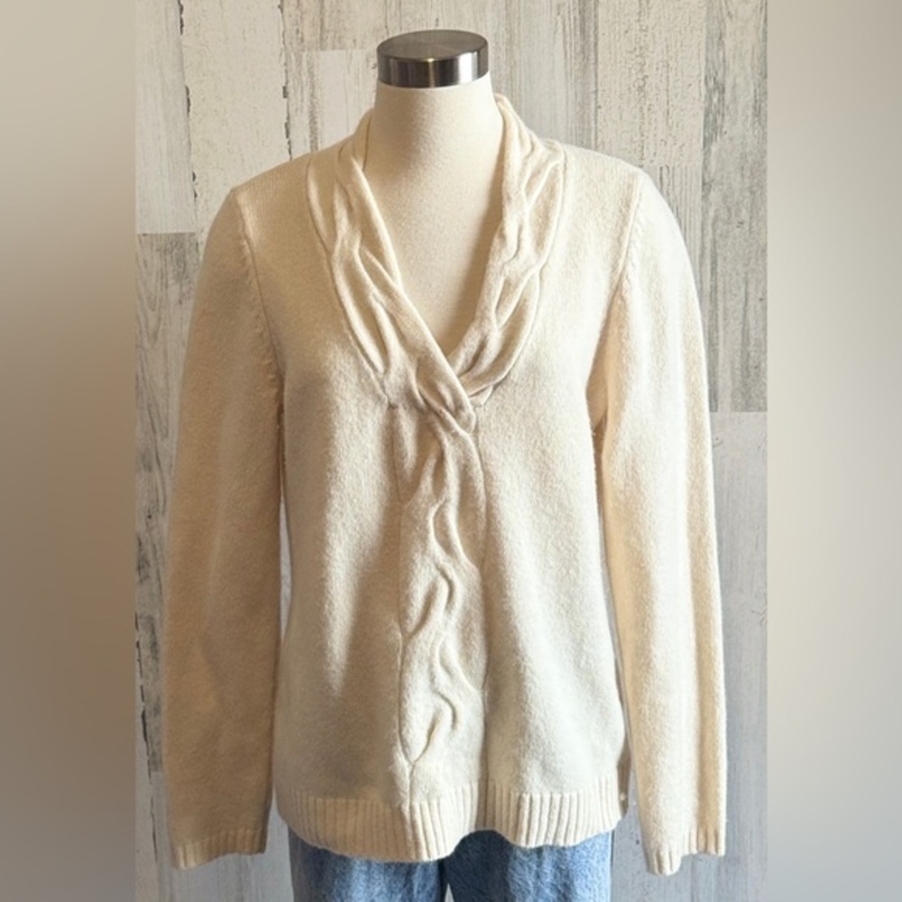 Merino‎ Wool Cashmere Angora Cable Knit Sweater Cream Size L Cozy